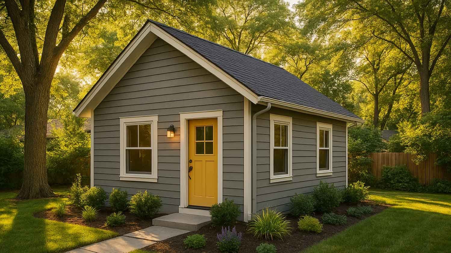 Small gray house with yellow door, white trim, and black roof, set in a garden. Small gray house with yellow door, white trim, and black roof, set in a garden.