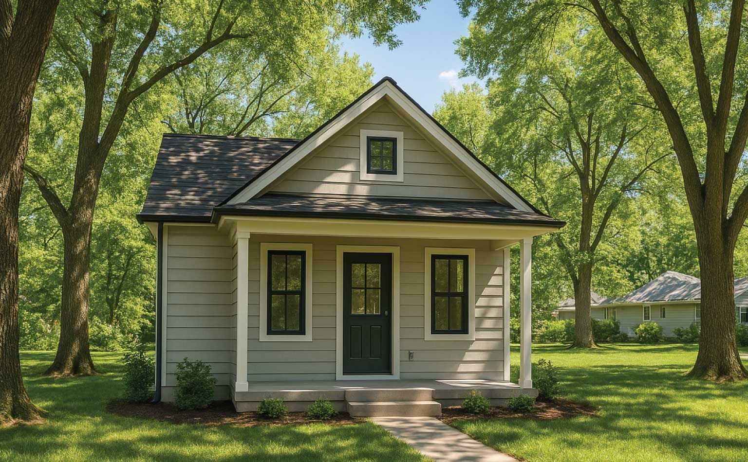 Small, light gray cottage with black trim, surrounded by trees and grass, sunny day.