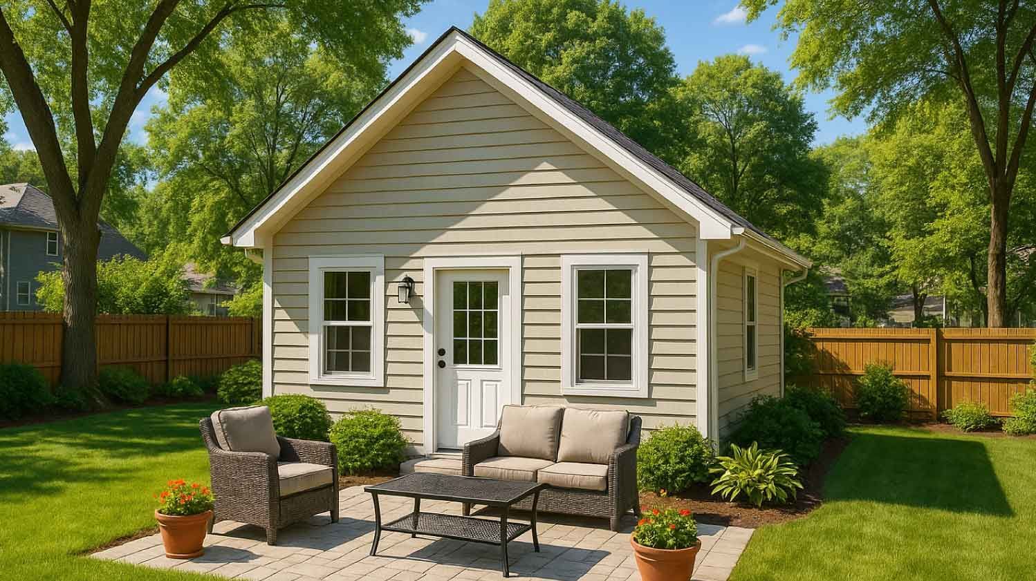 Small cottage with patio furniture on a grassy lawn, surrounded by trees and a wooden fence.