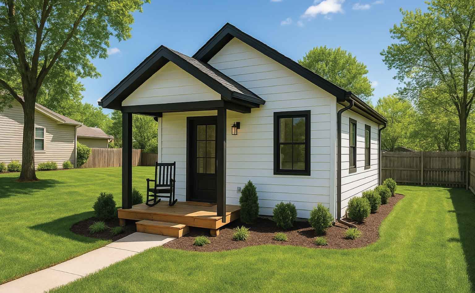 Small, light-colored cottage with a porch. A black door with a light, windows, and railings. Trees in the background.