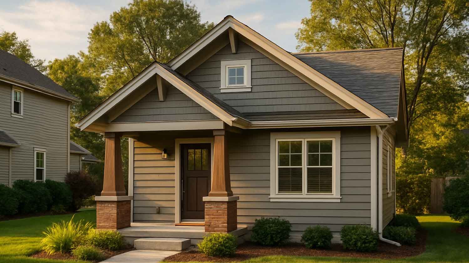 Small gray house with brown door and trim; porch, front yard, and trees.