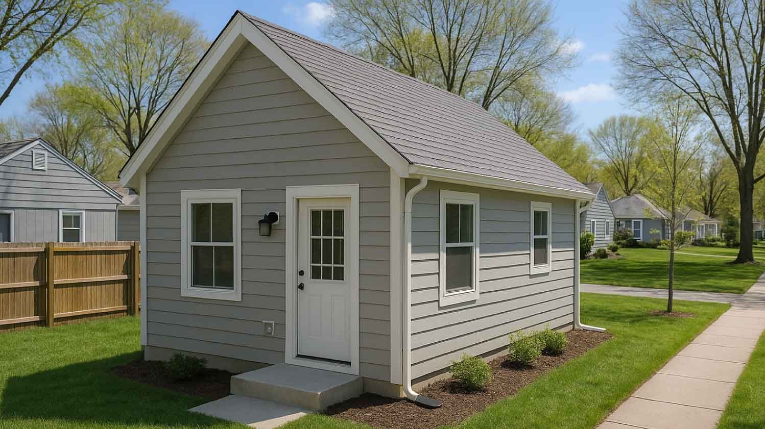 Small gray house with white trim and door, set on a green lawn next to a sidewalk.