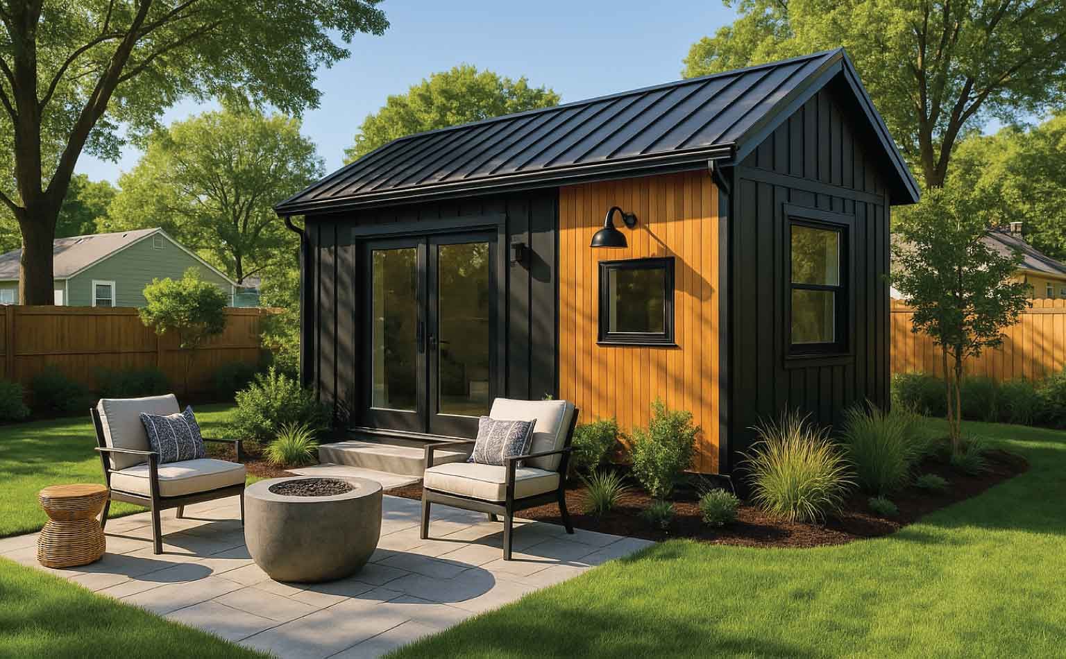 Small black and wood-paneled backyard shed with seating area.