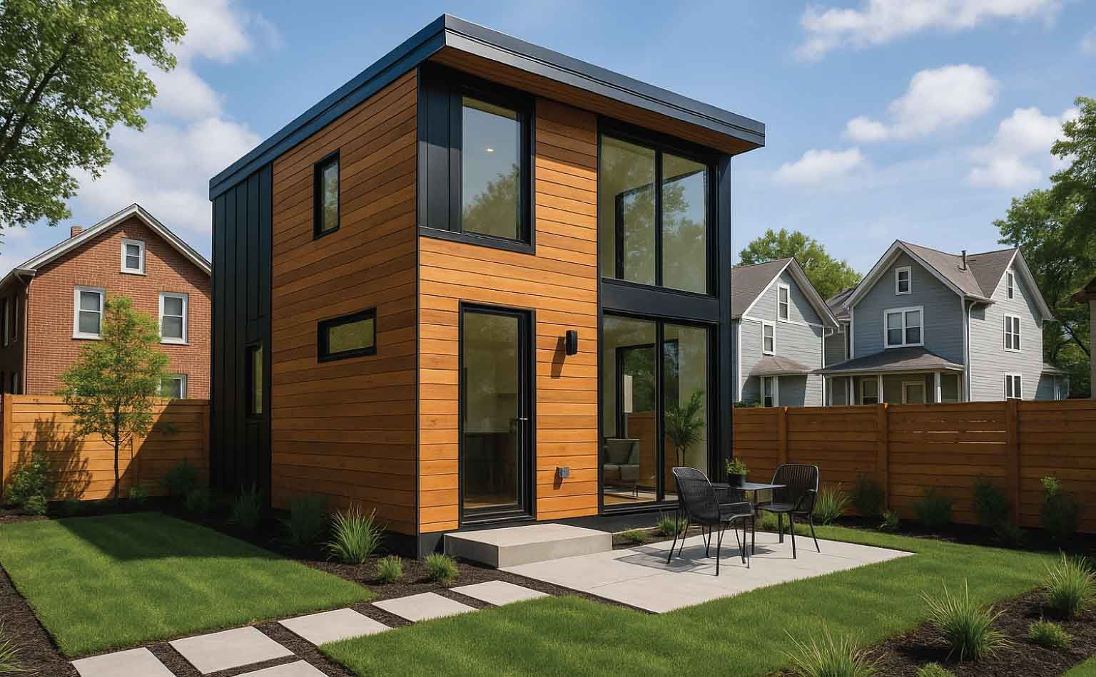 Modern tiny house with black siding, wooden facade, large windows, patio furniture on a sunny day.