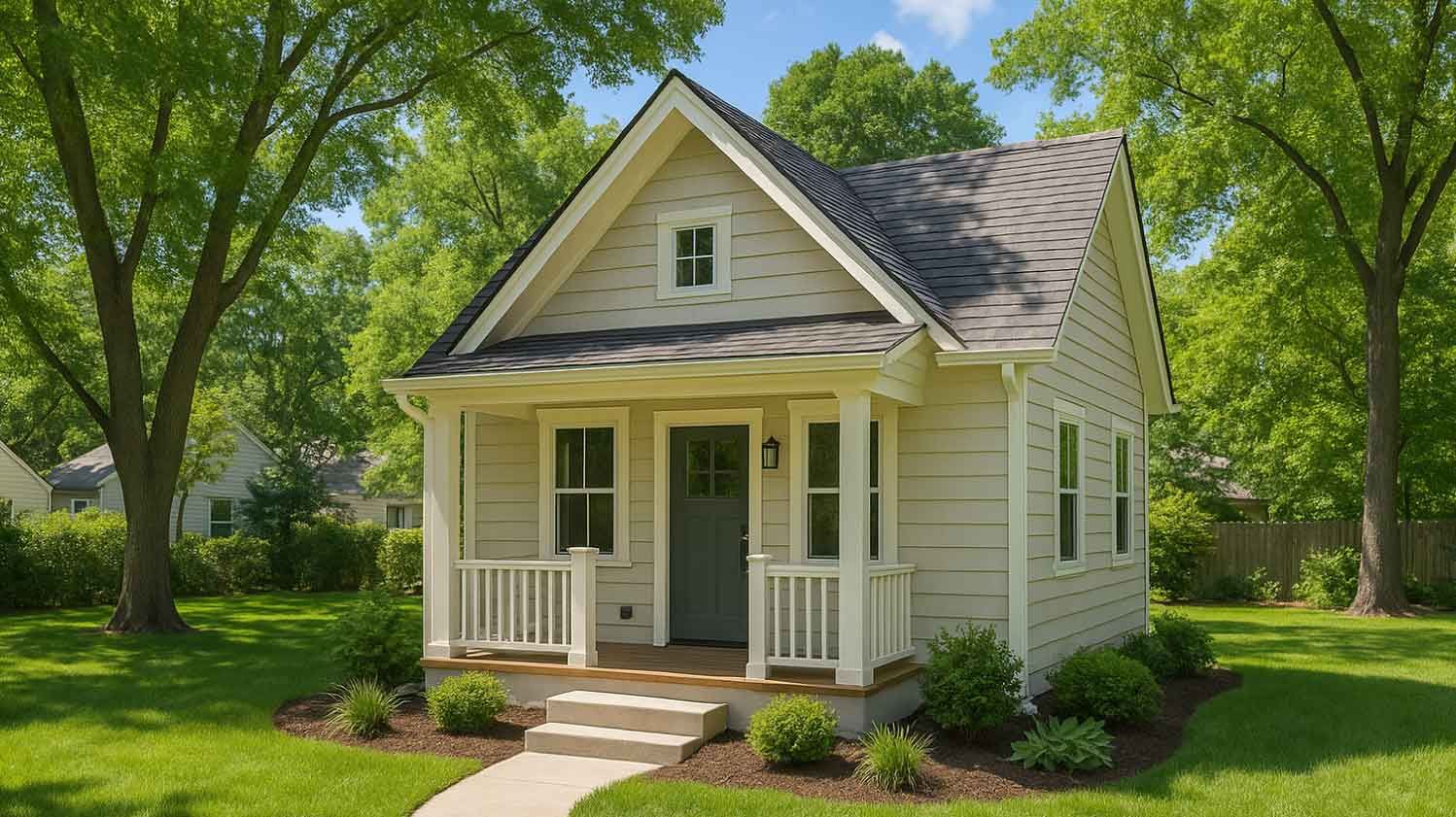Small cottage with porch, green lawn, and mature trees on a sunny day.