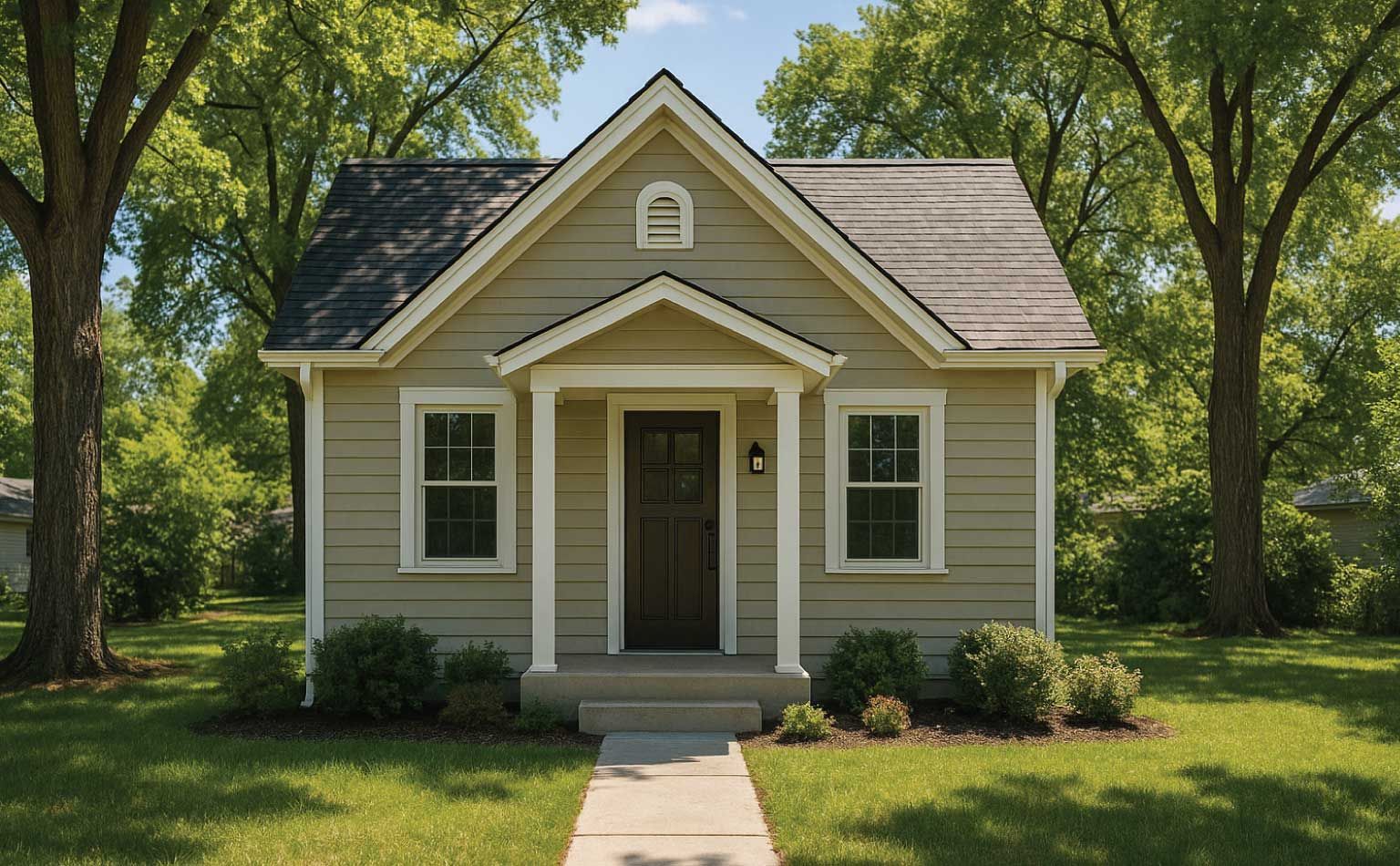 Small beige house with dark door, windows, and a small porch; green lawn and trees.