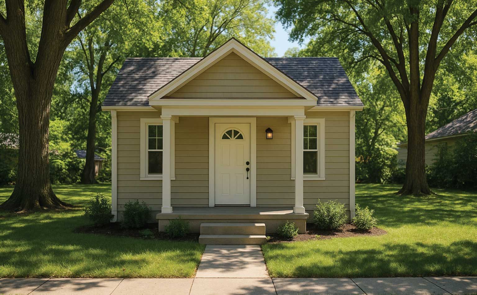 Small beige house with white door, small porch, set in a grassy yard.