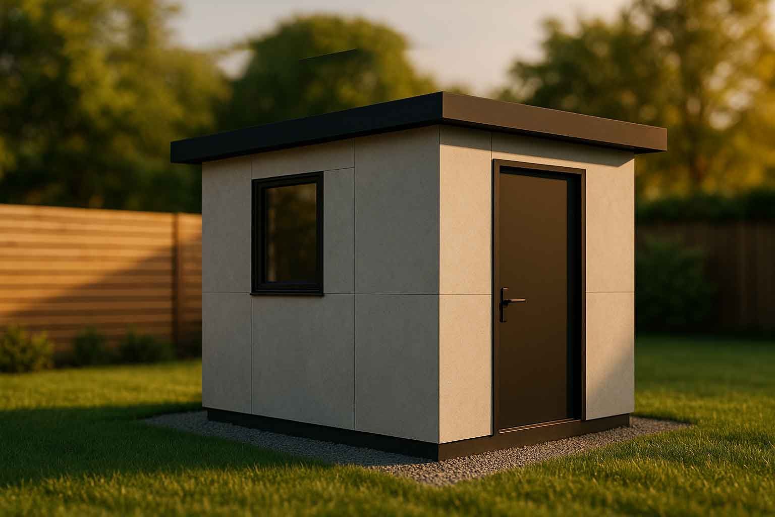 A small shed is sitting in the middle of a lush green field.