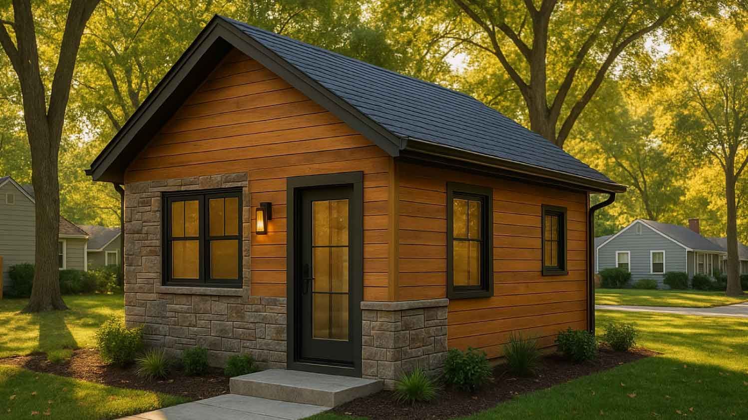 Small, wood-sided cottage with stone base, black trim, and door, two windows, and a black roof.