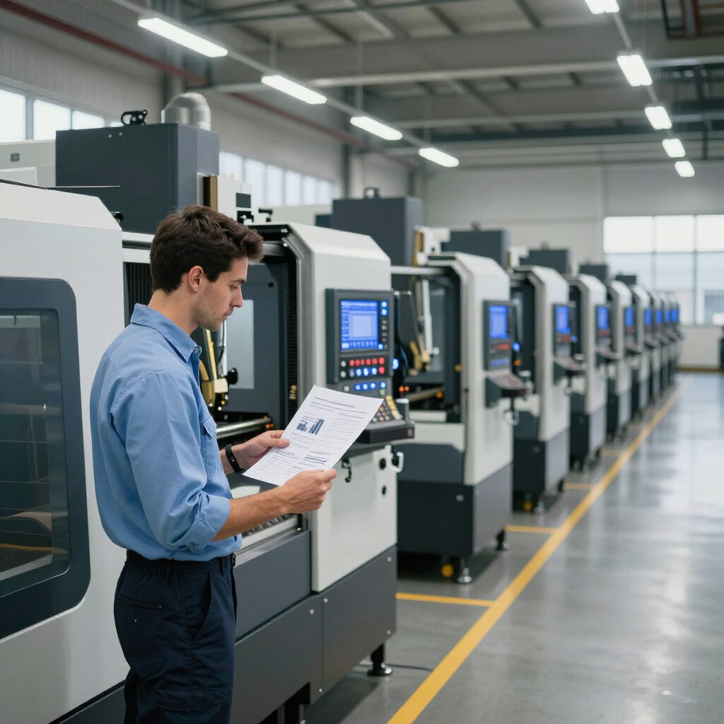 A person in a blue shirt examines a paper document while standing in front of industrial machinery in a bright factory.