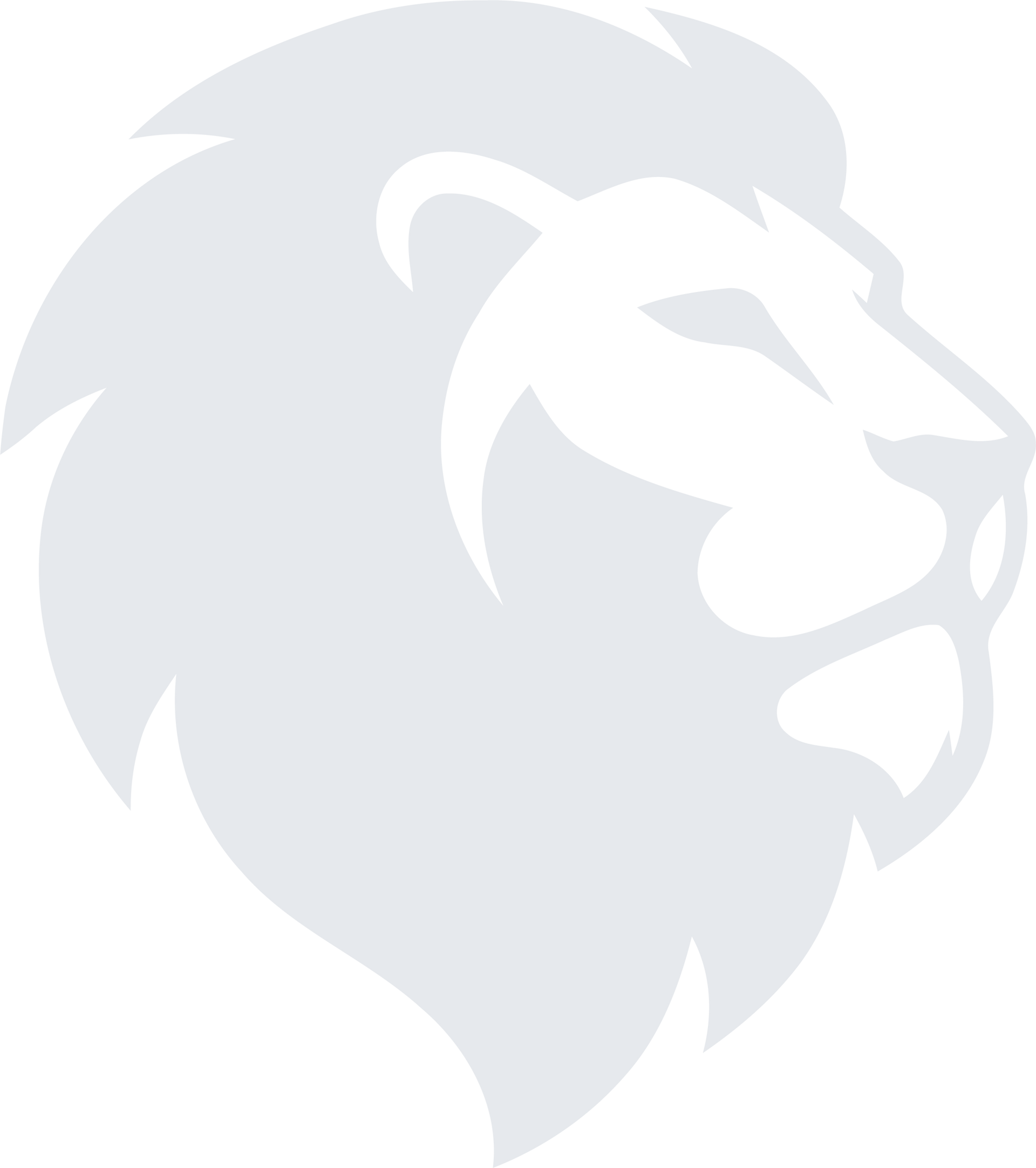 A stylized, light grey silhouette of a lion’s head in profile facing right, set against a white background.