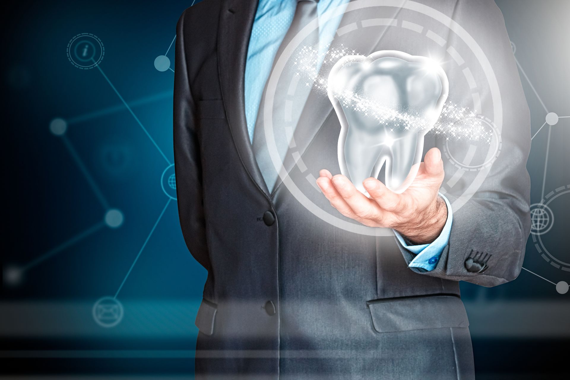 Man In Suit Holding Virtual Teeth — QLD, AUS — Dental IT 365