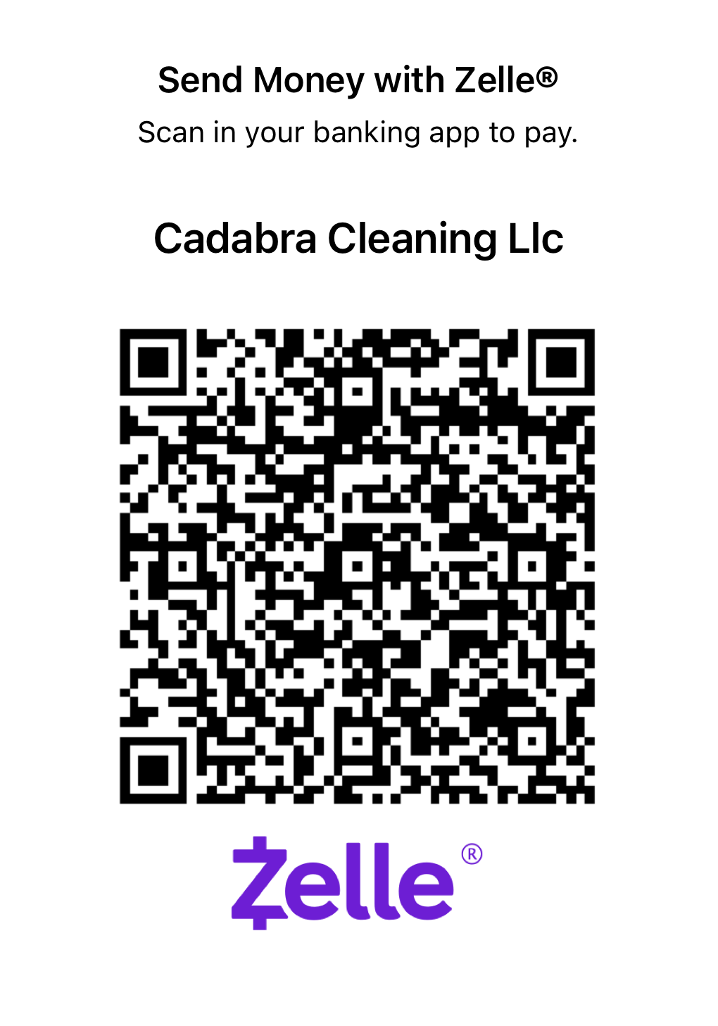 QR code for Cadabra Cleaning LLC Zelle payments. Scan with banking app.