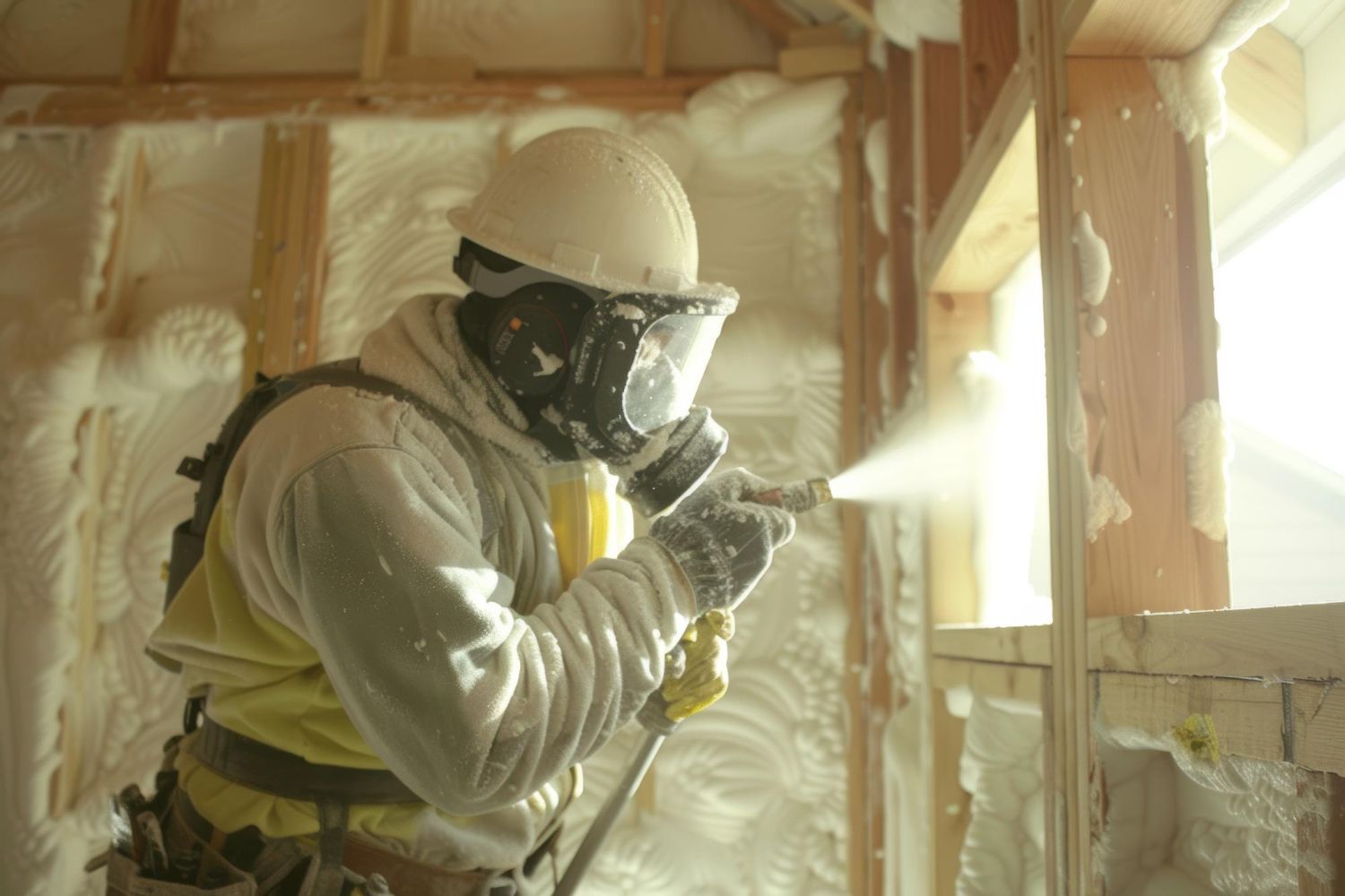 A man is spraying foam insulation on a wall.