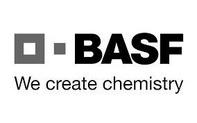 The basf logo is black and white and says `` we create chemistry ''.