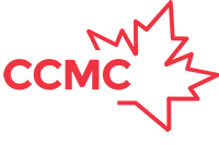 A red logo with a maple leaf and the word ccmc on a white background.