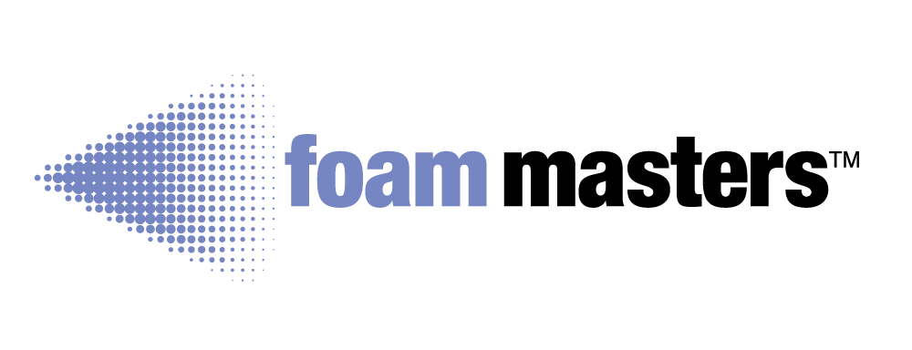 A logo for foam masters with a blue arrow on a white background.