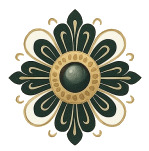 Disegno floreale verde scuro e oro, simmetrico, con perlina centrale.