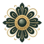 Ornamento con disegno floreale stilizzato verde scuro e oro su sfondo bianco.