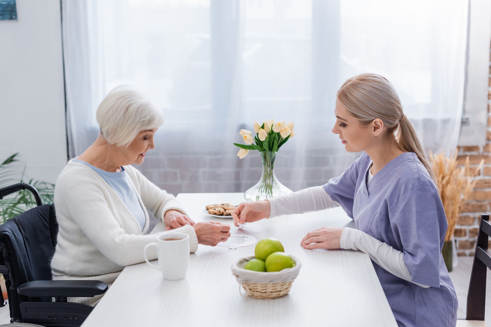 A nurse is feeding an elderly woman in a wheelchair at a table.