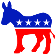 A graphic of a red, white, and blue donkey