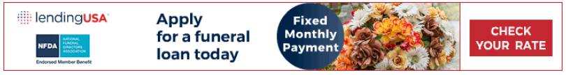 An advertisement for a funeral loan, offering fixed monthly payments. Includes an image of flowers and the phrase 