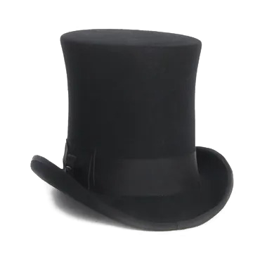 Black top hat with a ribbon and slightly upturned brim.