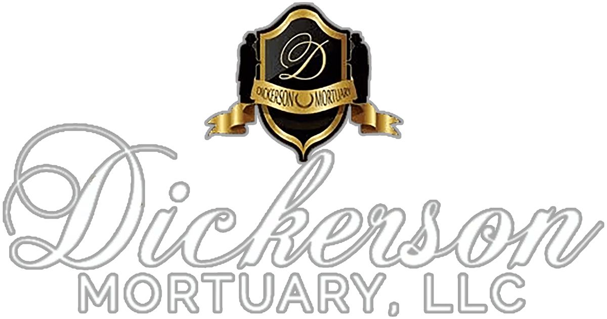 Dickerson Mortuary, LLC logo. Black and gold crest above silver cursive text.