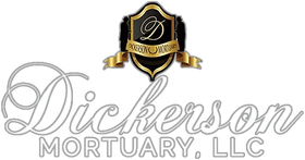 Dickerson Mortuary, LLC logo. Black and gold crest above silver cursive text.