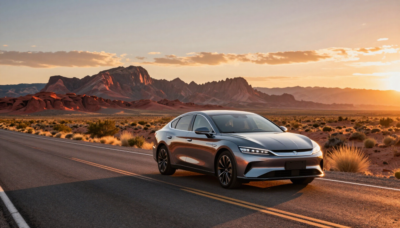 A modern silver car parked under a dramatic sunset sky in the desert.