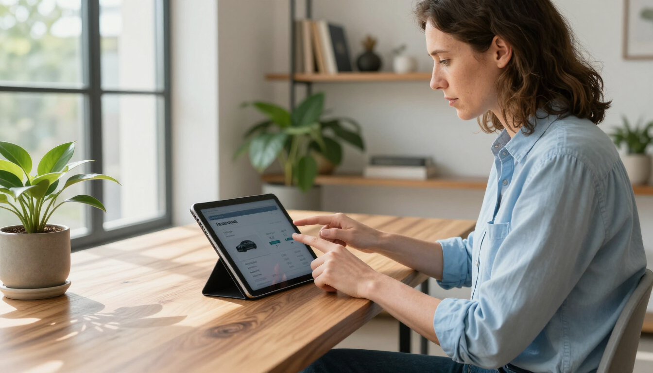 A person looking at a digital tablet showing car value charts and insurance rates