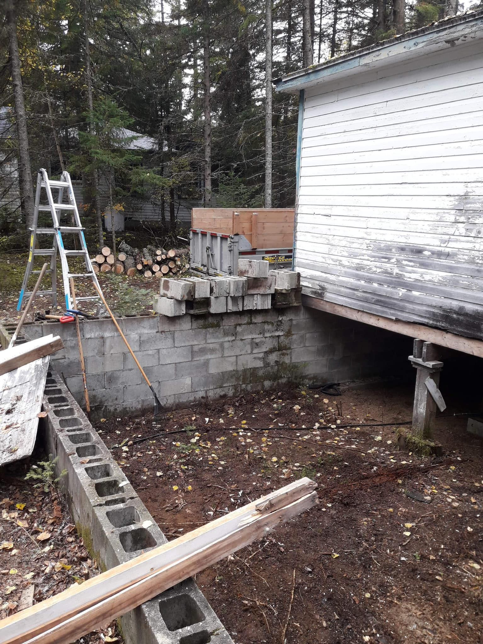 Une échelle est posée à côté d'un mur de briques à côté d'une maison.