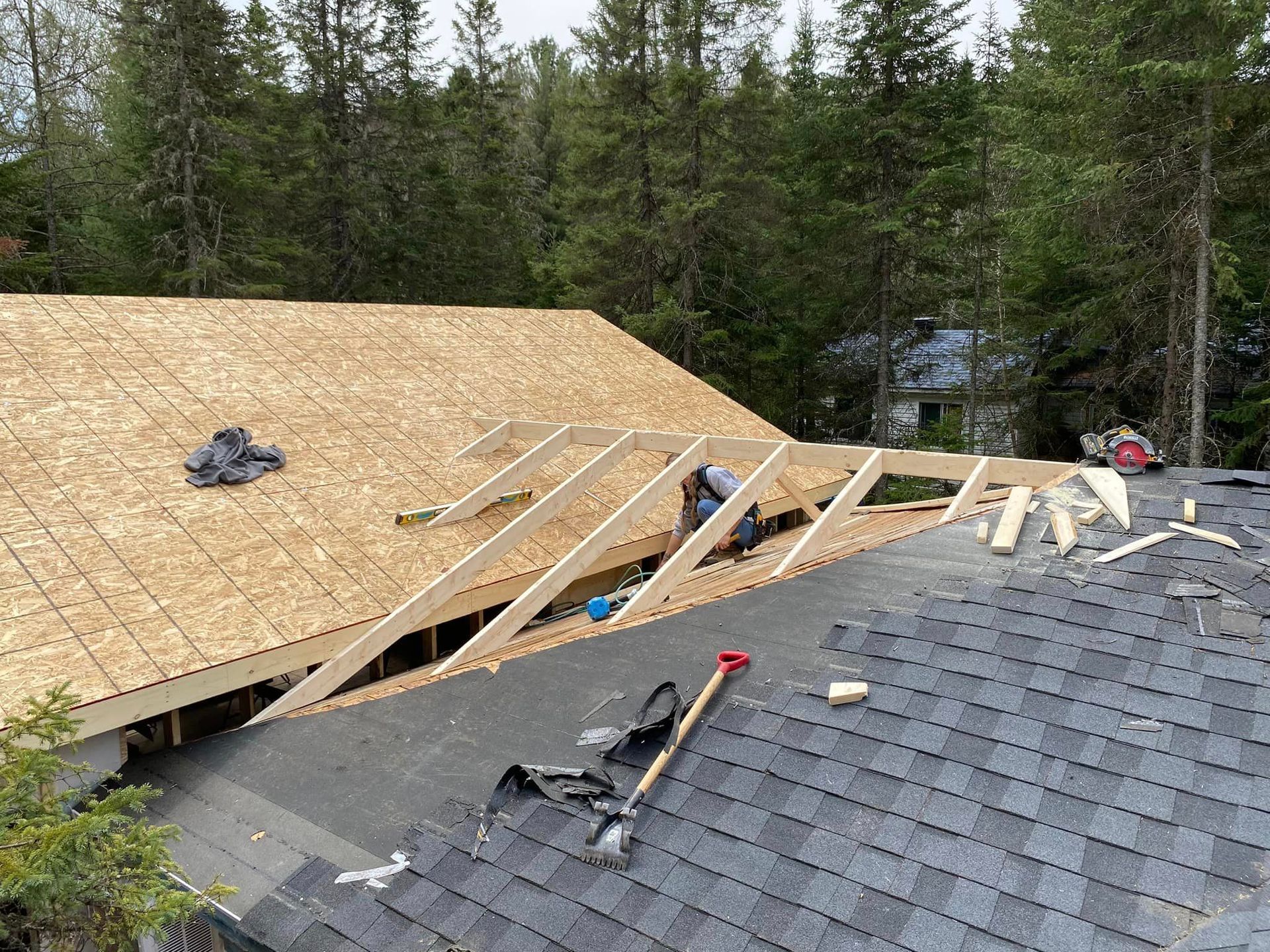 Un toit est en train d'être construit sur une maison dans les bois.
