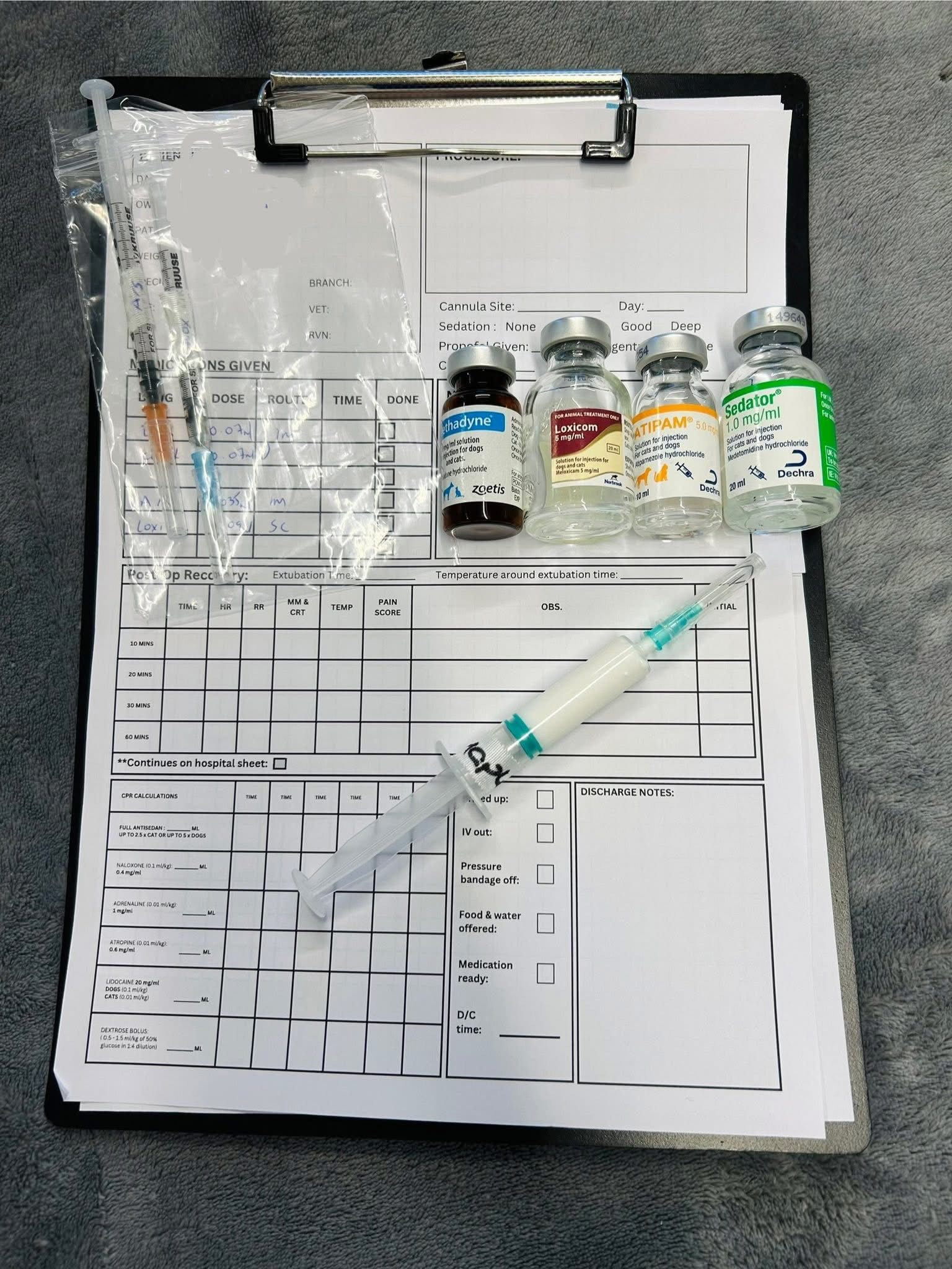 Anaesthetic and medication chart detailing the dose calculations for any procedures. It also records measurements taken throughout anaesthetics/sedation
