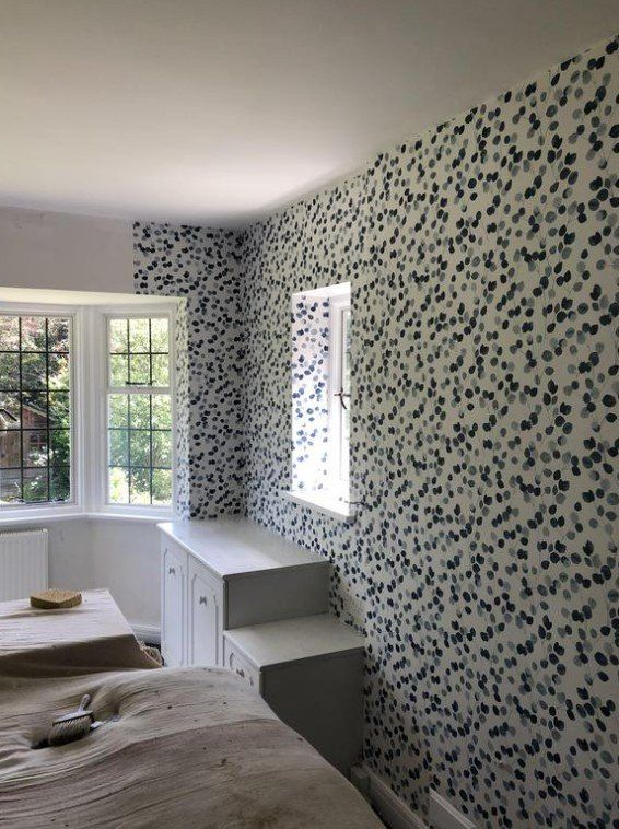 Picture of a feature wall decorated with white and black spotty wallpaper by painters and decorators Liverpool