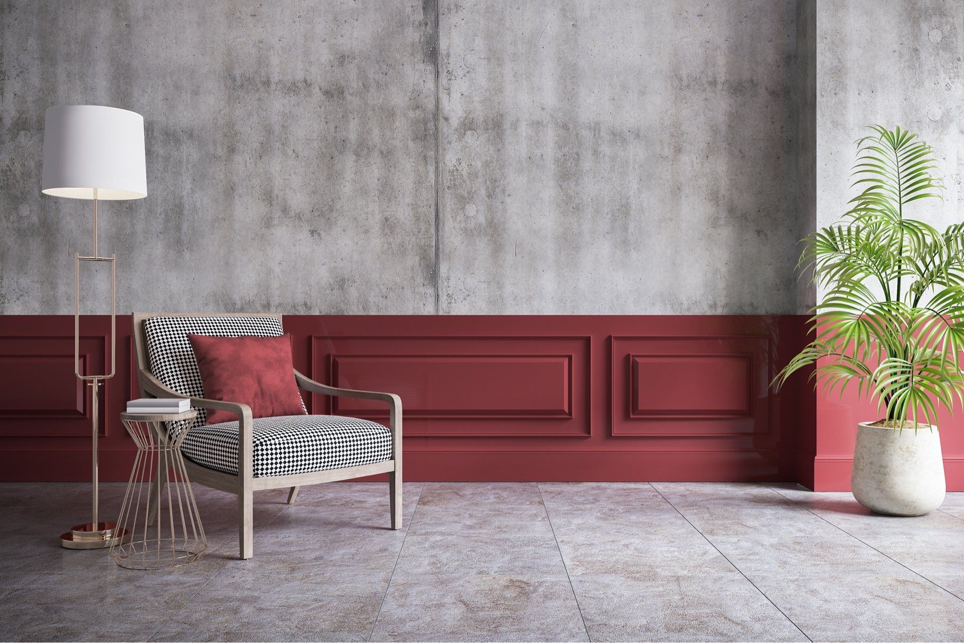 A picture of an accent wall painted burgundy and grey with wood panelling