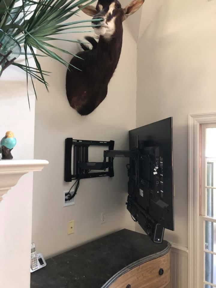 A mounted TV on a swing arm with a taxidermied goat head above it. Light beige walls.