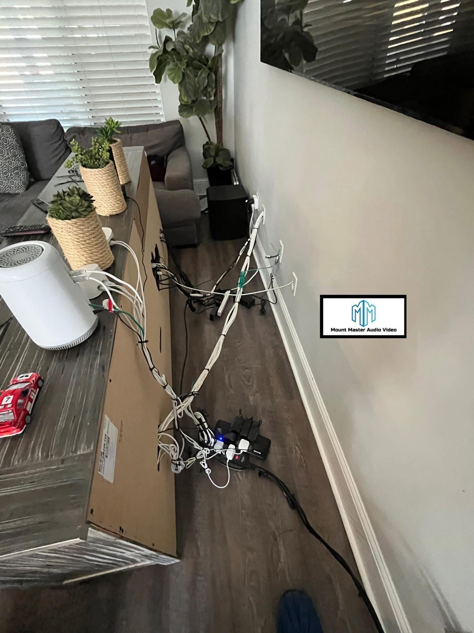 Cables and electronics are behind a console table with plants; indoors, against a wall.