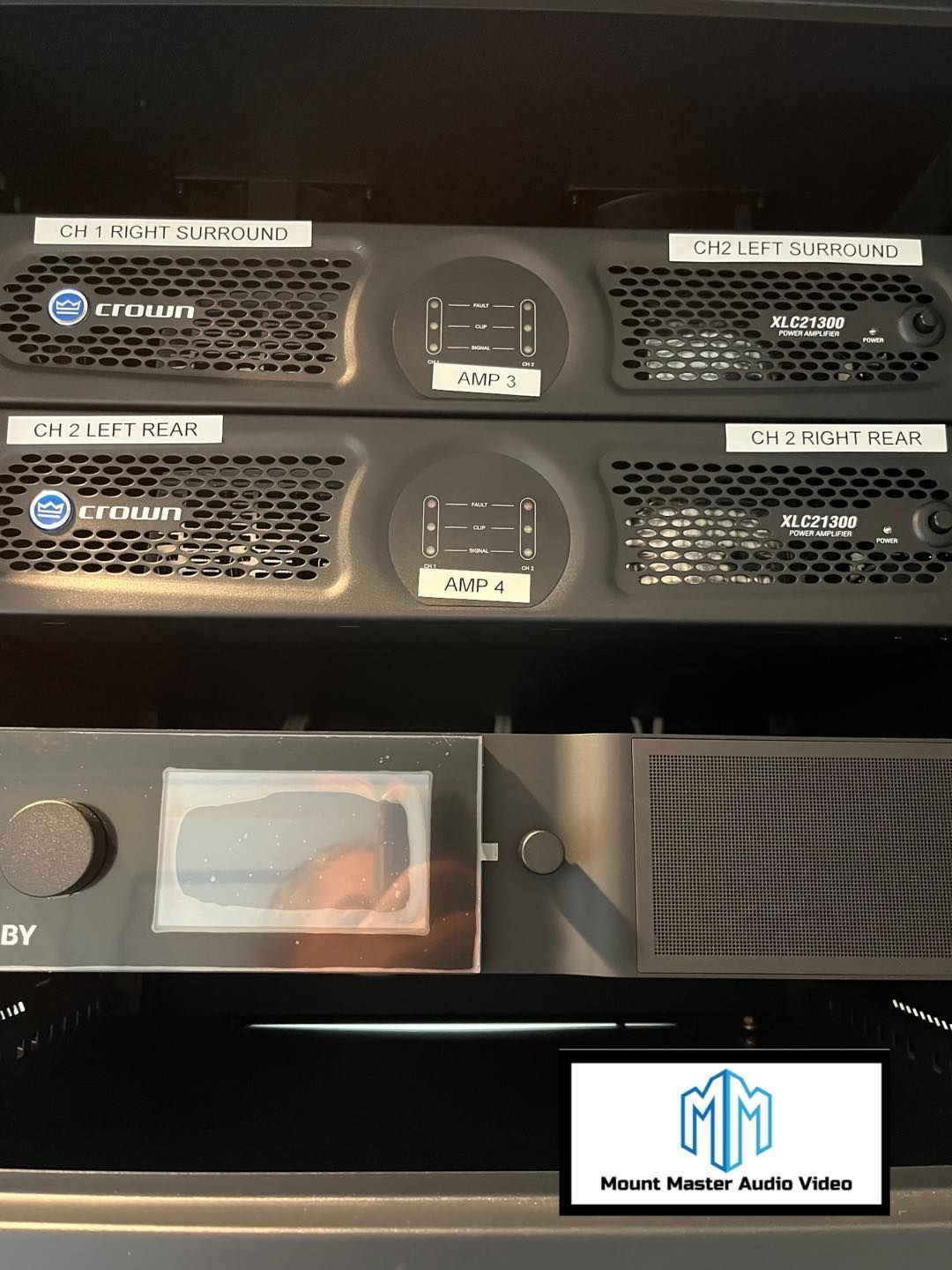 Audio equipment rack with amplifiers, labeled 