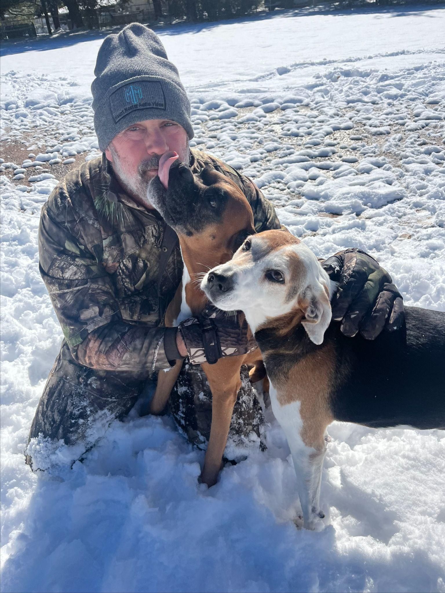 Man kneels in snow, being kissed by a brown dog, with a beagle beside him.