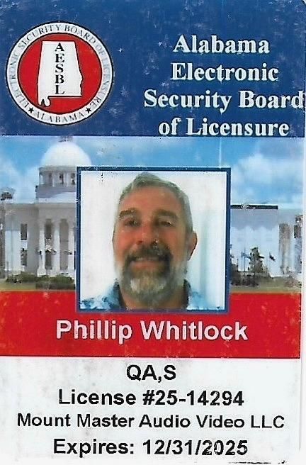 Alabama Electronic Security Board of Licensure ID. Photo of Phillip Whitlock, license expires 12/31/2025.