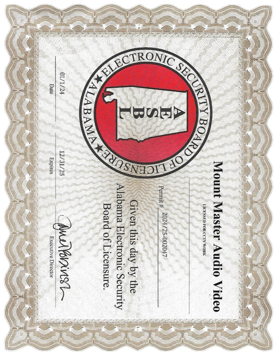 Certificate for Mount Master Audio Video from the Alabama Electronic Security Board of Licensure.