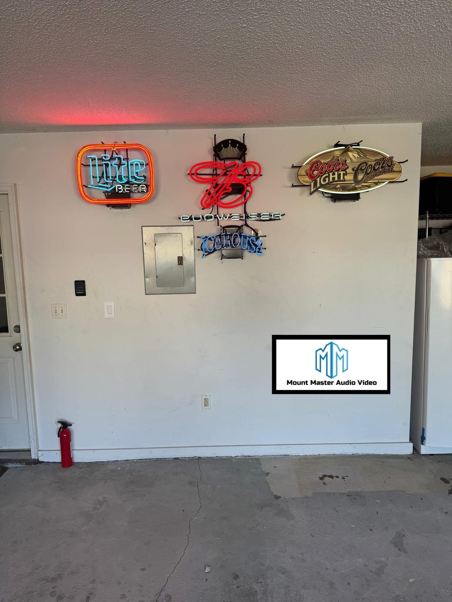 Garage wall with neon signs: