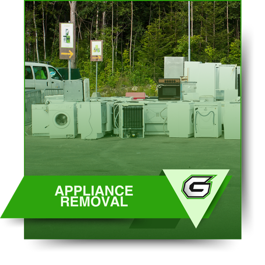 A green sign that says appliance removal on it