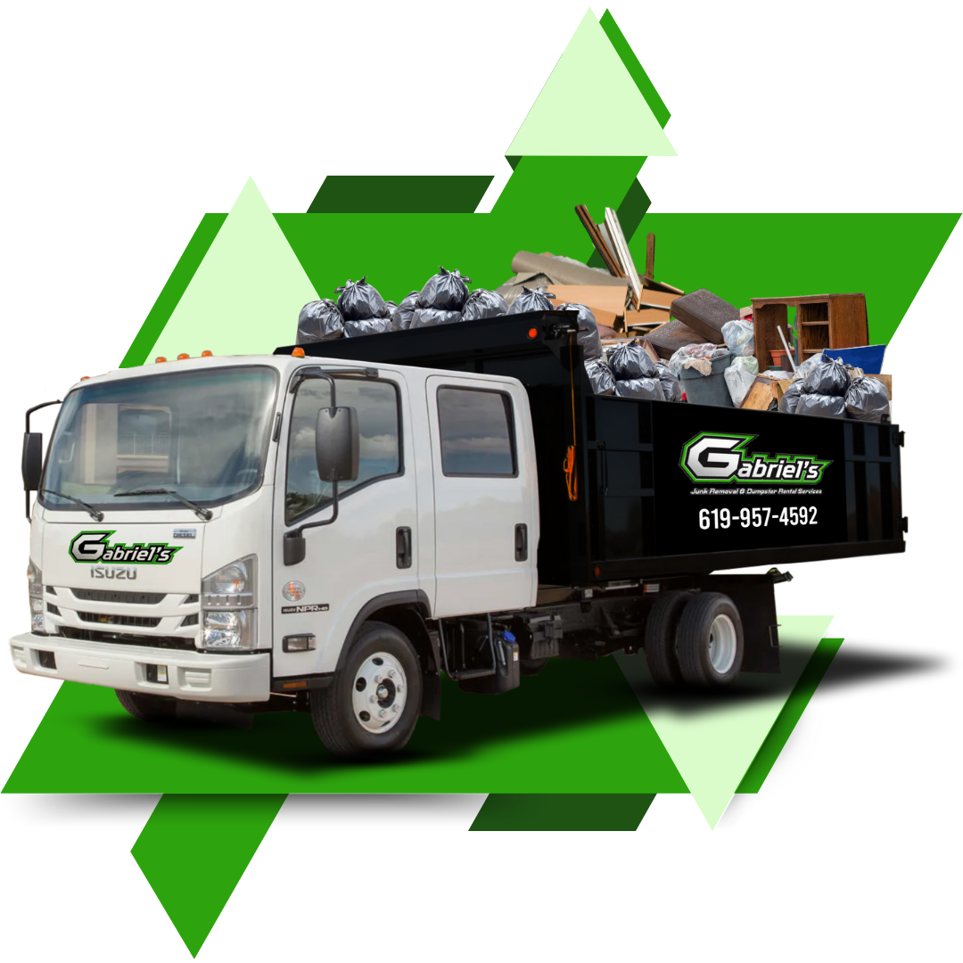 A garbage truck is filled with garbage on a green background.