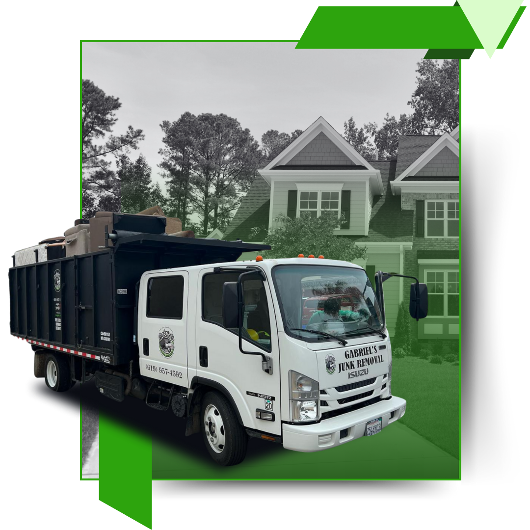 A white garbage truck is parked in front of a house