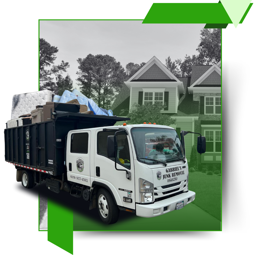 A white garbage truck is parked in front of a house