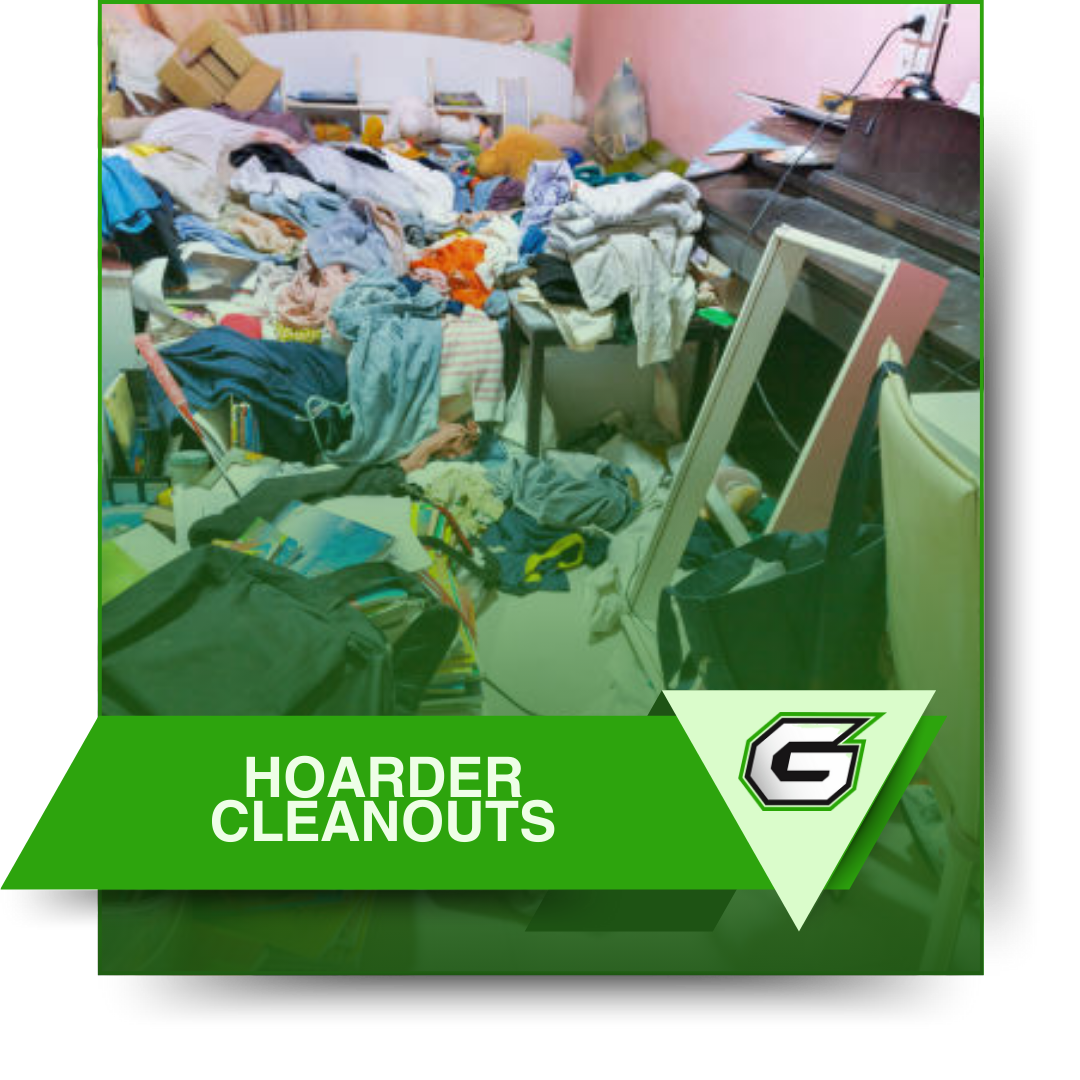 A picture of a messy room that says hoarder cleanouts