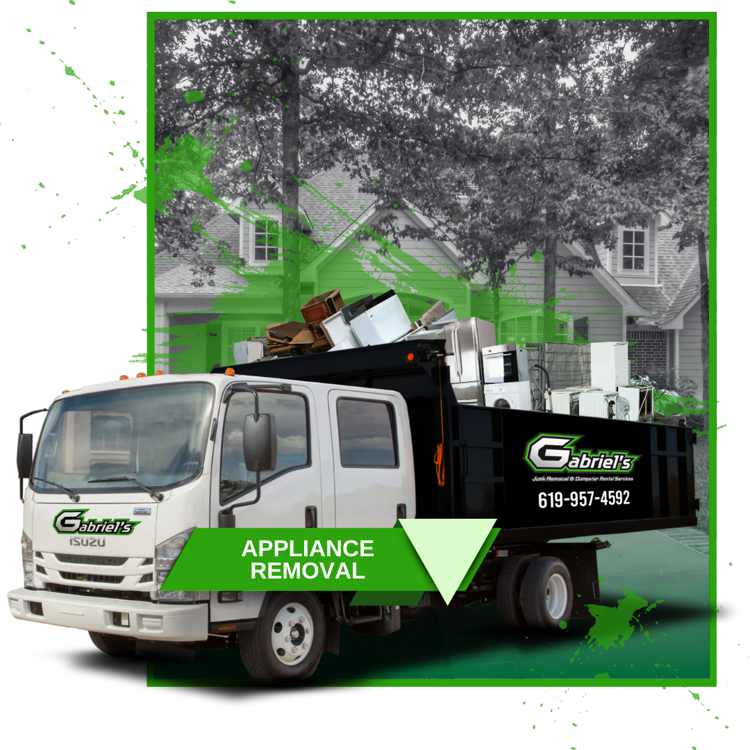 A garbage truck filled with appliances is parked in front of a house.