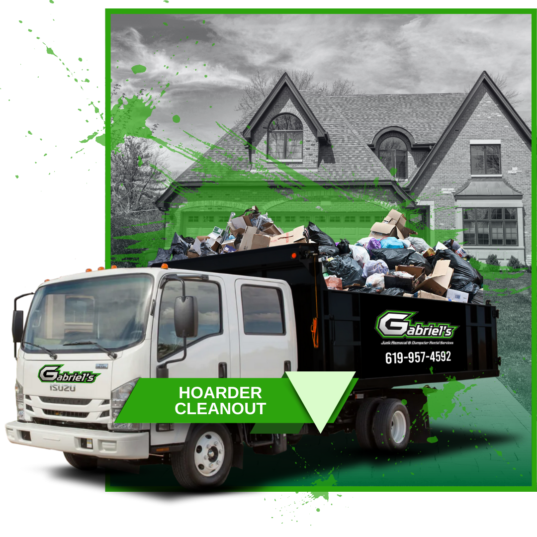 A garbage truck is filled with garbage in front of a house.